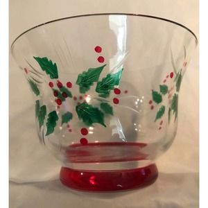 Gorham "FESTIVE HOLLY" 5" Crystal Candy Dish Hand-painted And Hand-cut